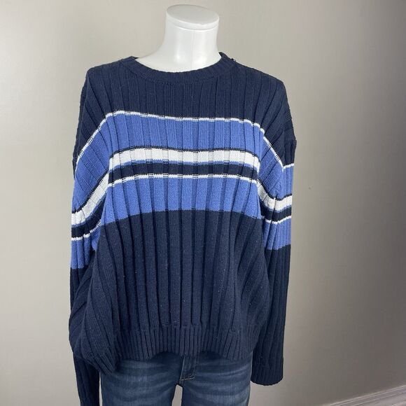 Retro 90s Style Blue Crewneck Chunky Stripe Sweater Coastal Preppy - Picture 1 of 6
